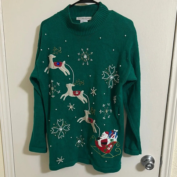 Vintage Christmas Sweater Embroidered and Beaded Santa with Reindeer Snowflakes - Picture 1 of 8